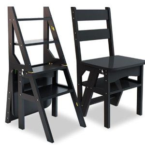 4-Tier Folding Step Ladder, Convertible 3-in-1 Wood Ladder Chair